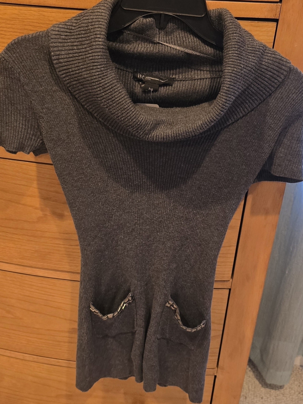 INC International Concepts Charcoal Gray Cowl-Neck Ribbed Sweater Tunic,S Petite